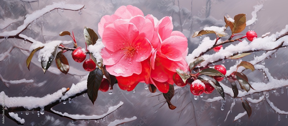 Fototapete A snow covered red camellia adds a touch of vibrant color to the winter scenery. with copy space image. Place for adding text or design