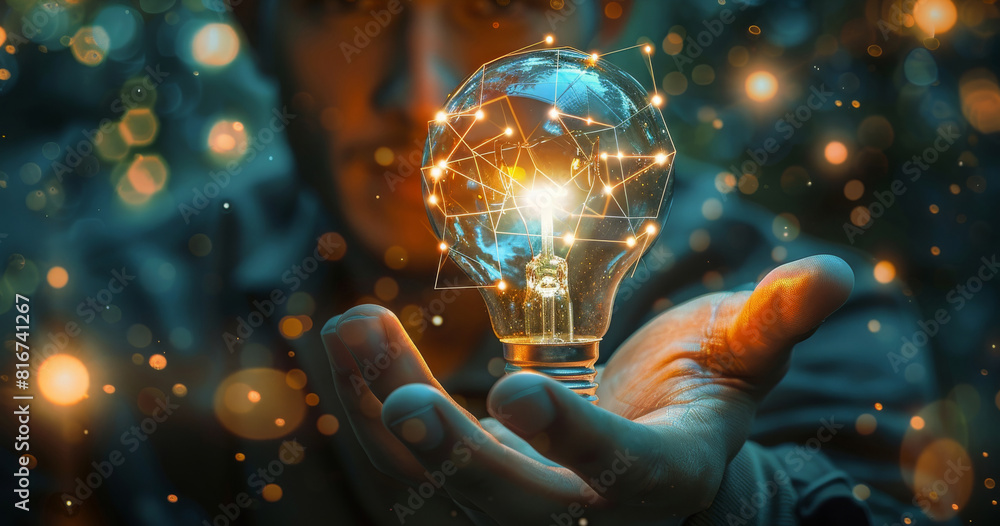 Poster vibrant visuals showcasing a businessman holding a light bulb linked to the future internet, symboli