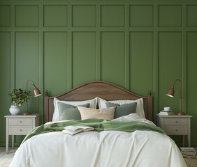 Modern farmhouse bedroom. 3d render.