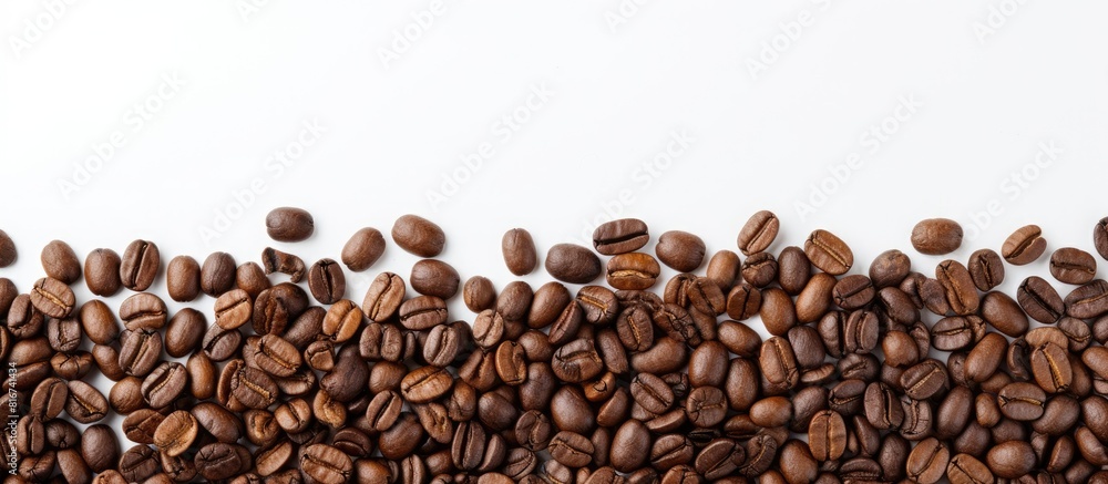 Poster a white background showcases a frame of roasted coffee beans in a captivating copy space image