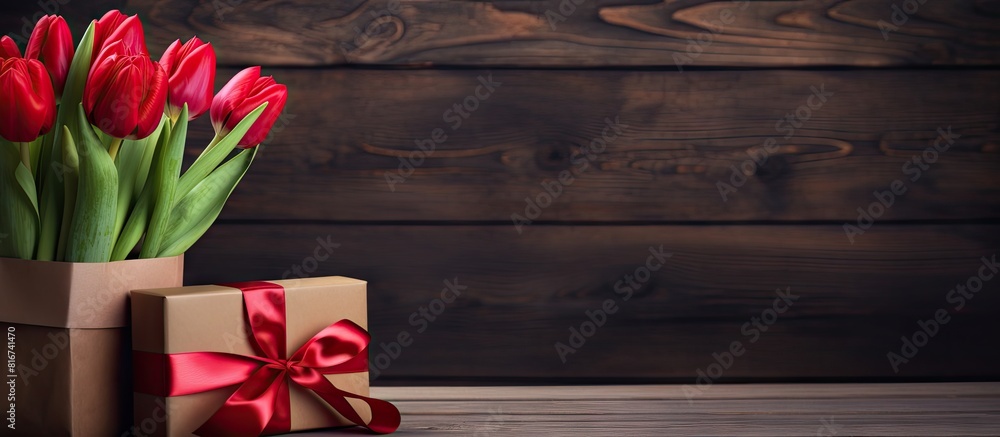 Poster A romantic Valentine s Day scene with a gift box vibrant red tulips and a wooden table with plenty of empty space for a captivating image. with copy space image. Place for adding text or design