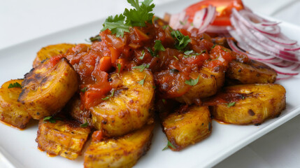 Savory african tomato plantain stew topped with fresh parsley, presented on a white plate alongside sliced red onions