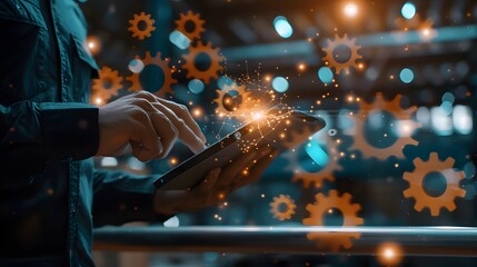 Businessman using tablet with virtual digital technology interface and gears icon for business growth