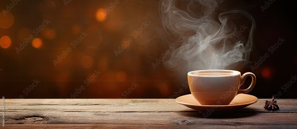 Poster A copy space image showcasing a steaming cup of tea placed on a wooden table