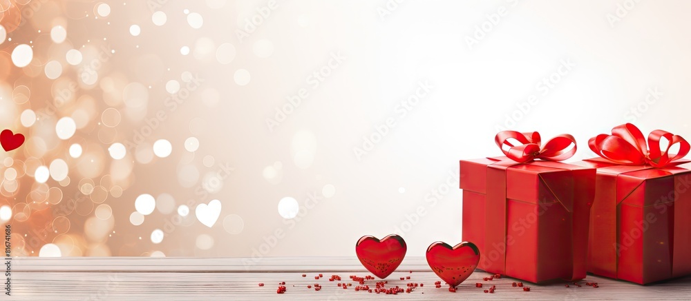 Poster in the top right corner of the copy space image there are two red gift boxes on the lower left corne