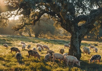 Golden Hour Serenity: Pigs Beneath Ancient Oak in Pastoral Idyll - Generative AI