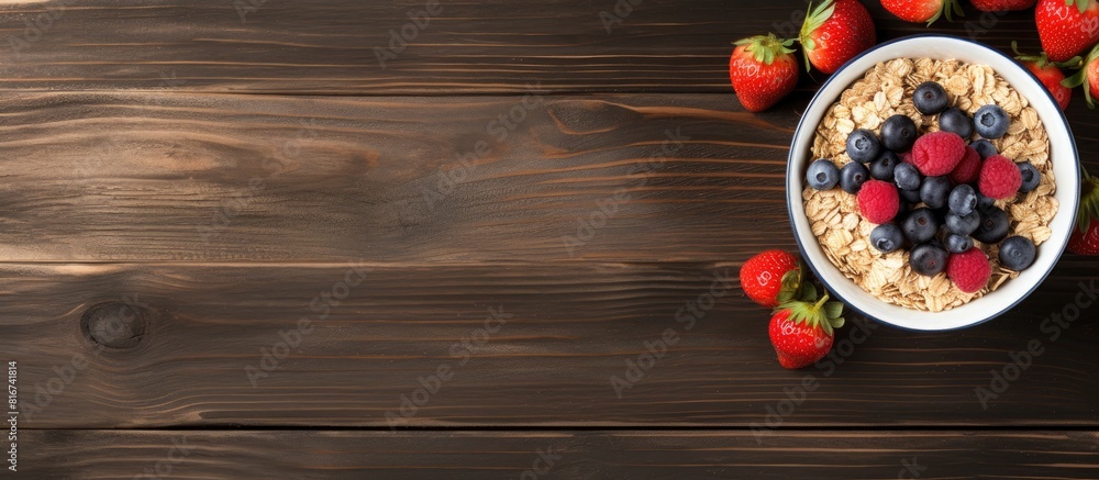 Fototapete a top view of a bowl filled with oat granola milk and berries showcasing a nutritious and delicious 