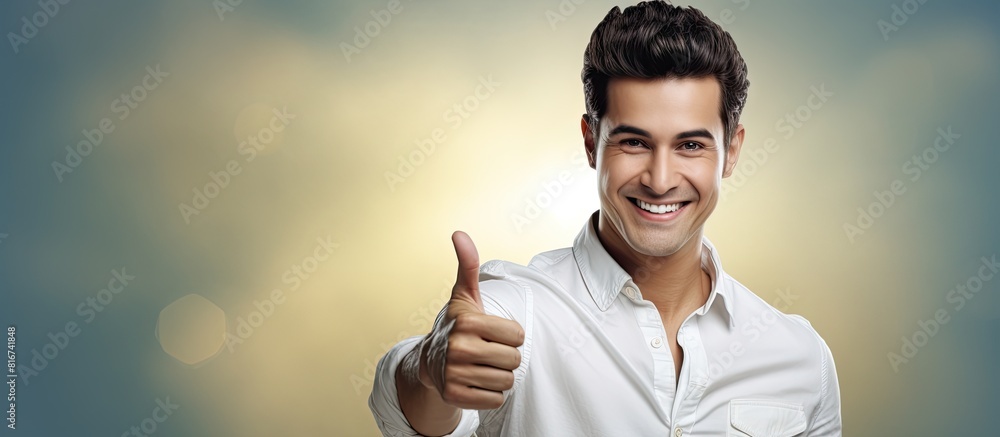 Fototapete a smiling and jubilant young man displaying a thumbs up gesture with ample blank space surrounding h
