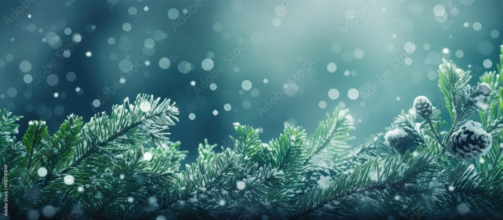 Poster snowflakes and fir branches create a picturesque scene against a lush green background perfect for a