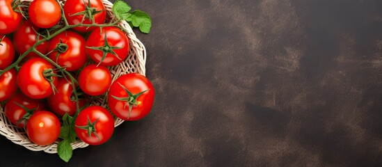 Top view of a copy space image featuring a wicker basket filled with fresh red tomatoes placed on a cement floor background