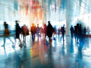 Silhouette of people walking in corporate building lobby