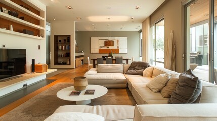 Fototapeta premium Modern minimal yet elegant living room with tv unit, round coffee table, dinning area on the right , wide widows 