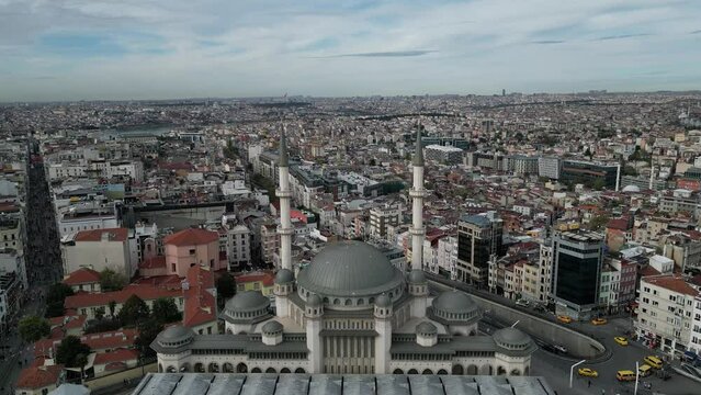 Drone footage of Taksim Mosque (Taksim Camii) in Taksim Square, Istanbul, Turkey