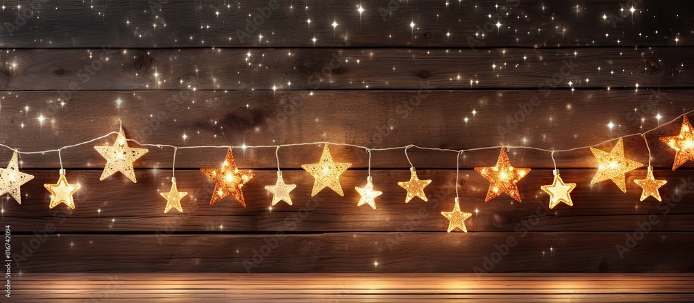 Poster copy space image of christmas decoration on a rustic wooden background adorned with twinkling star l