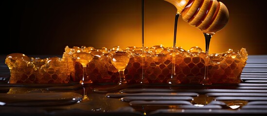 A wooden dipper with sweet honeycomb and drips of honey perfect for selective copy space images