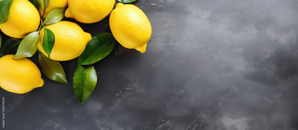 Aufkleber A top down view of fresh lemons resting on a grey background with ample copy space available