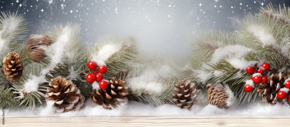 Aufkleber Christmas background with a red ribbon fir tree branch snowy pine cones and a wooden backdrop Xmas time copy space image