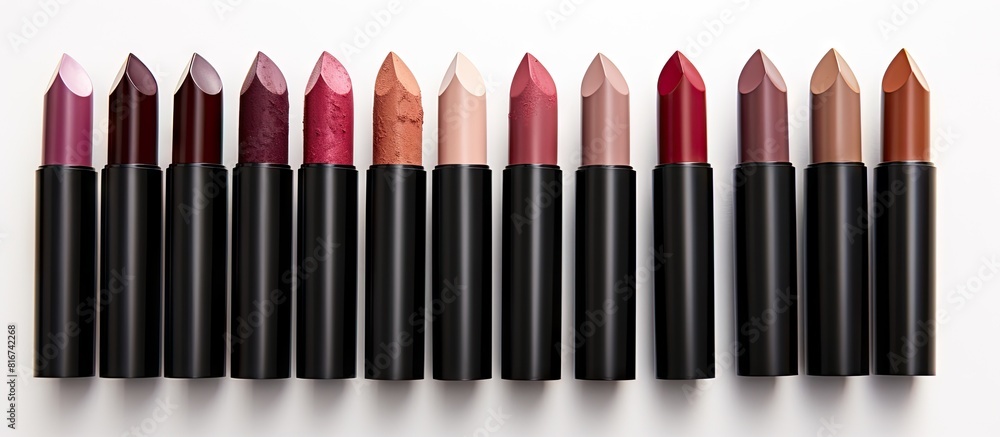 Leinwandbilder A range of lipstick shades varying from light to deep colors with a smooth texture The lipstick is placed on a white background creating a copy space image