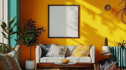Bright living room interior with sofa, plants and empty frame on the wall.