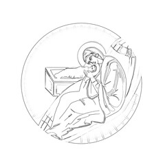 Fototapeta premium Holy Mary with Jesus baby. Christmas religious coloring page in Byzantine style on white background