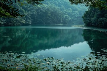 Peaceful green lake surrounded by dense trees with water lily pads floating on the calm surface