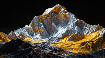 Obraz premium Technical visual illustration, mountain 3D LiDAR GIS aerial map K2 and Karakoram mountains scan isolated against dark black background. Mountainous environment. Mapping, elevation