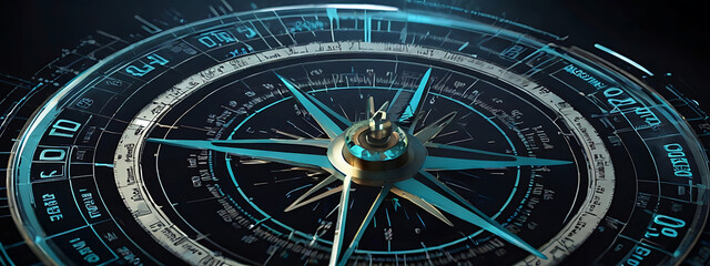 Fototapeta premium Abstract futuristic digital compass, concept of Mission path and business success, abstract closeup theme 