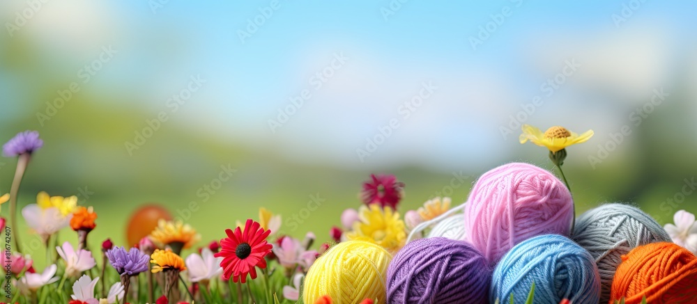 Poster Image of a springtime scene featuring knitting materials including needles and colorful balls of wool. with copy space image. Place for adding text or design