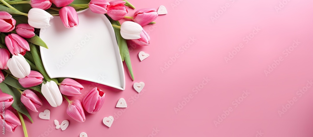 Poster the copy space image showcases a white frame adorned with paper hearts and tulip bouquet placed on a