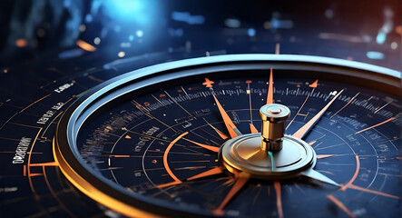 Abstract futuristic digital compass, concept of Mission path and business success, abstract closeup theme
