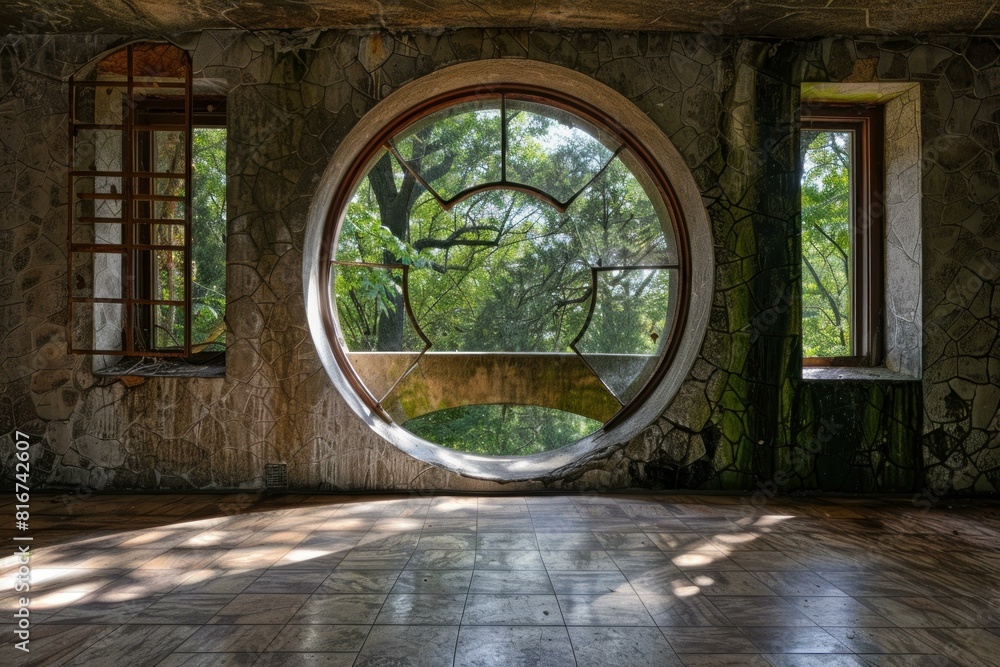 Poster round window frames a serene forest view in a desolate stonewalled room with sunlight