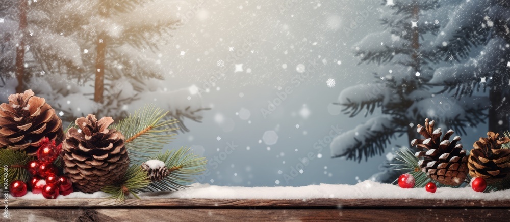 Poster Christmas background with a red ribbon fir tree branch snowy pine cones and a wooden backdrop Xmas time copy space image