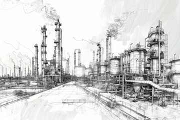 A drawing of a factory with multiple pipes. Suitable for industrial, manufacturing, and engineering concepts