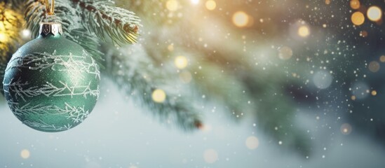 A sparkling Christmas toy hangs from a snowy branch of a green tree evoking the winter holiday spirit The image features a glittery decoration against a snowy backdrop creating a festive Christmas wi - Powered by Adobe
