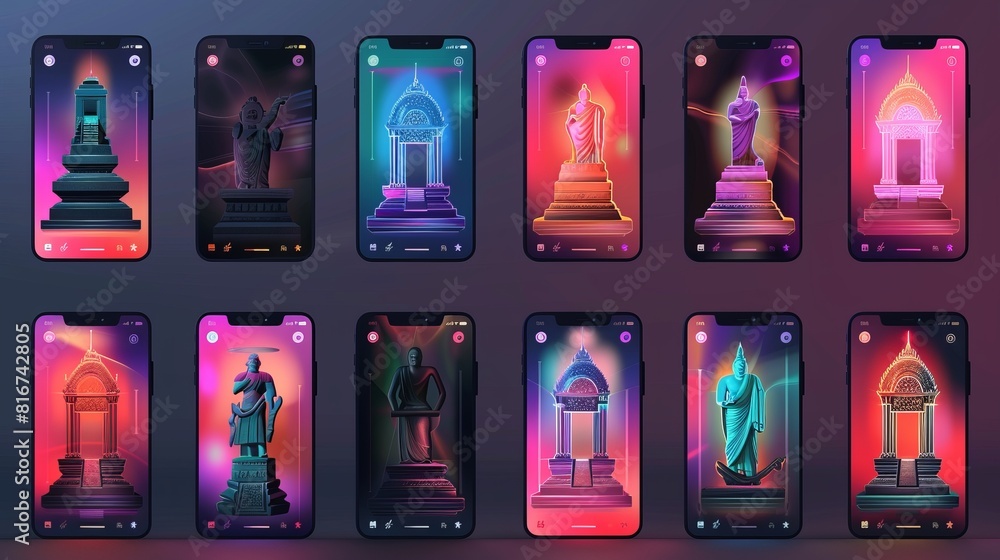 Poster an assortment of social media app design templates for mobile devices with black and colorful retro 