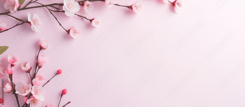 Poster Top view of a pink background with willow branches and a gift creating a spring pastel Easter background A white blank space is available for text in the image. with copy space image