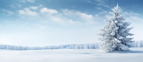 A snowy winter scene with a pine tree perfect for copy space images