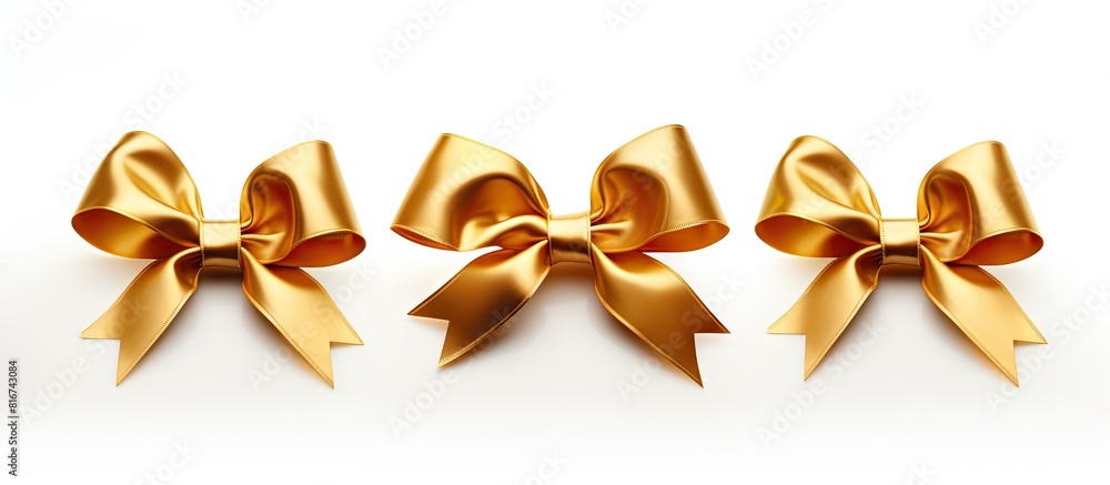 Poster a trio of gold satin gift bows placed on a white background ready for use in a copy space image