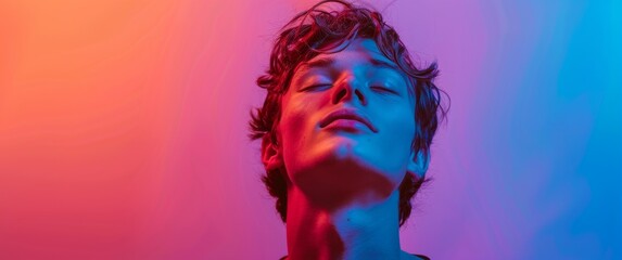 Profile portrait of young man on purple neon studio backdrop