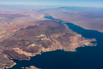 Lake Mead arial view in summer. Desert area on Nevada and Arizona border in daytime