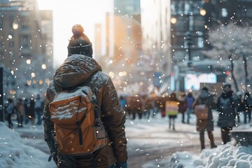 Obraz premium Individuals peacefully protest amidst a snowy urban setting, with soft afternoon light illuminating the scene, creating a serene and vibrant atmosphere.