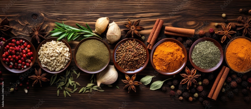 Poster A top view of herbs and spices arranged on a wooden background providing ample copy space for further customization of the image
