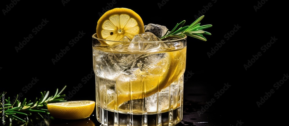 Poster refreshing cocktail featuring gin tonic ice lemon slices and rosemary garnish served on a dark backg