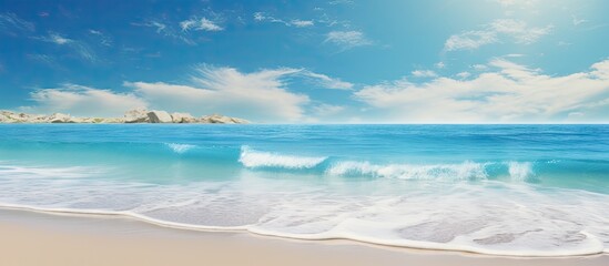 Obraz premium A serene seaside scene with frothy waves crashing onto the sandy beach creating a tranquil atmosphere for a calming vacation Copy space image