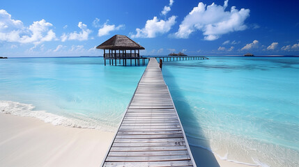 Wooden Pier Leading to a Tropical Beach