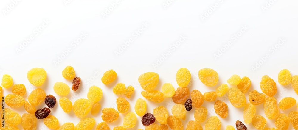 Poster a copy space image of yellow raisins seen from above set against a white background allowing room fo