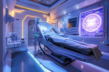 Obraz premium A futuristic hospital room filled with advanced technology, featuring a bed as the central piece.