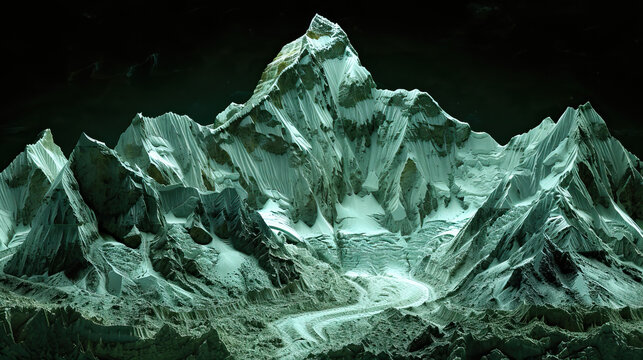Technical visual mountain 3D LiDAR GIS aerial map, Mount Everest and Himalayas mountains scan isolated against dark black background. Mountainous environment. Mapping, elevation, topography, green
