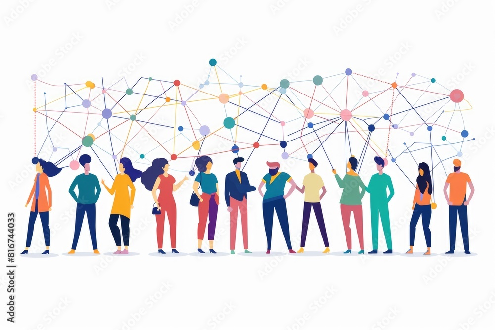Poster a group of people standing in front of a network. suitable for technology and business concepts