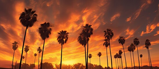 A striking golden sky with dramatic clouds forms the backdrop for a captivating image of lonely sugar palm trees creating a mesmerizing silhouette. with copy space image